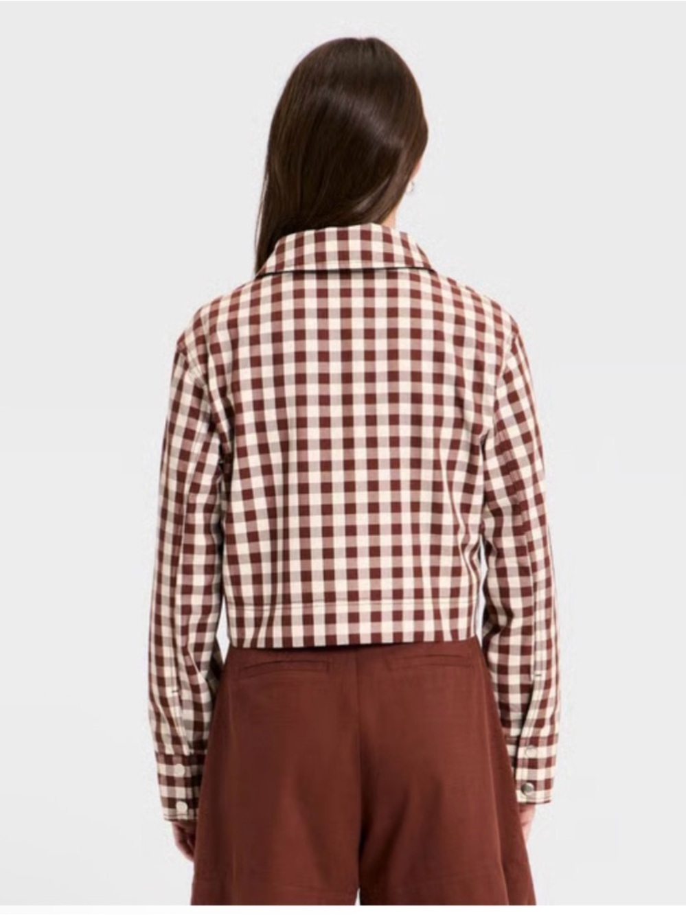 A New Day Women's Transitional Cropped Jacket Cotton-Lyocell Brown Gingham XS - Picture 2 of 5